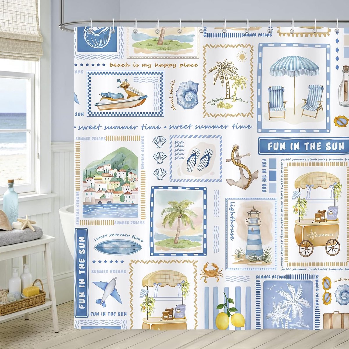 Douchegordijn retro strandpostkaart - polyester 182x183cm - waterdicht - speelse vakantiesfeer - ShopVlot