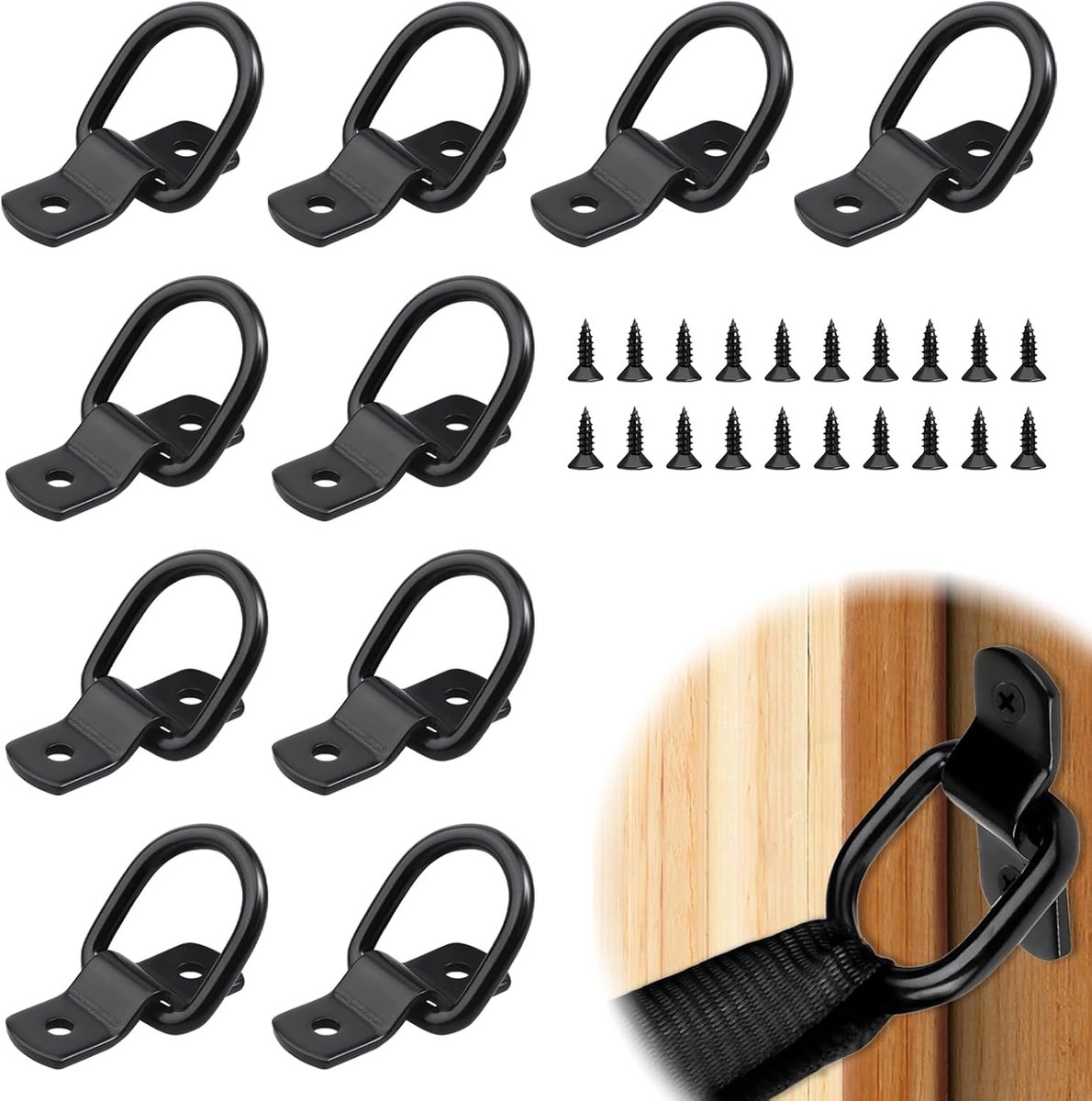 Lashingsogen set 10 stuks - D-ringen zwart - 100 kg draagkracht - Bevestigen van ladingen - ShopVlot
