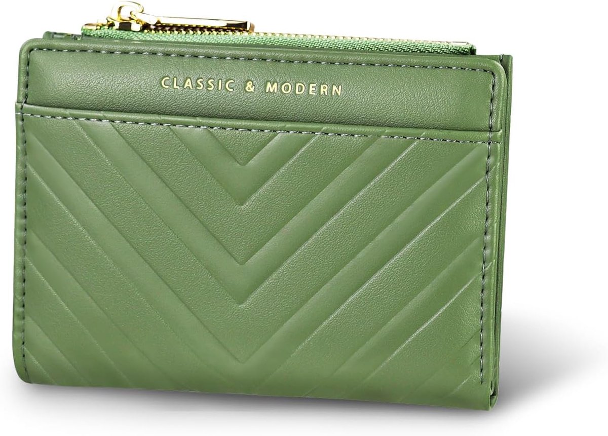 Damesportemonnee Compact - Groene Leren Portemonnee - V-vormige Embossing - Stijlvolle Opbergruimte - ShopVlot