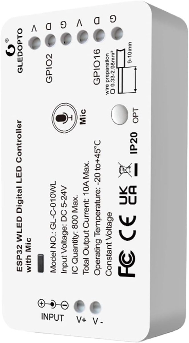 LED strip controller - WLED ESP32 - adresserbaar digitaal - met microfoon voor sfeerverlichting - ShopVlot