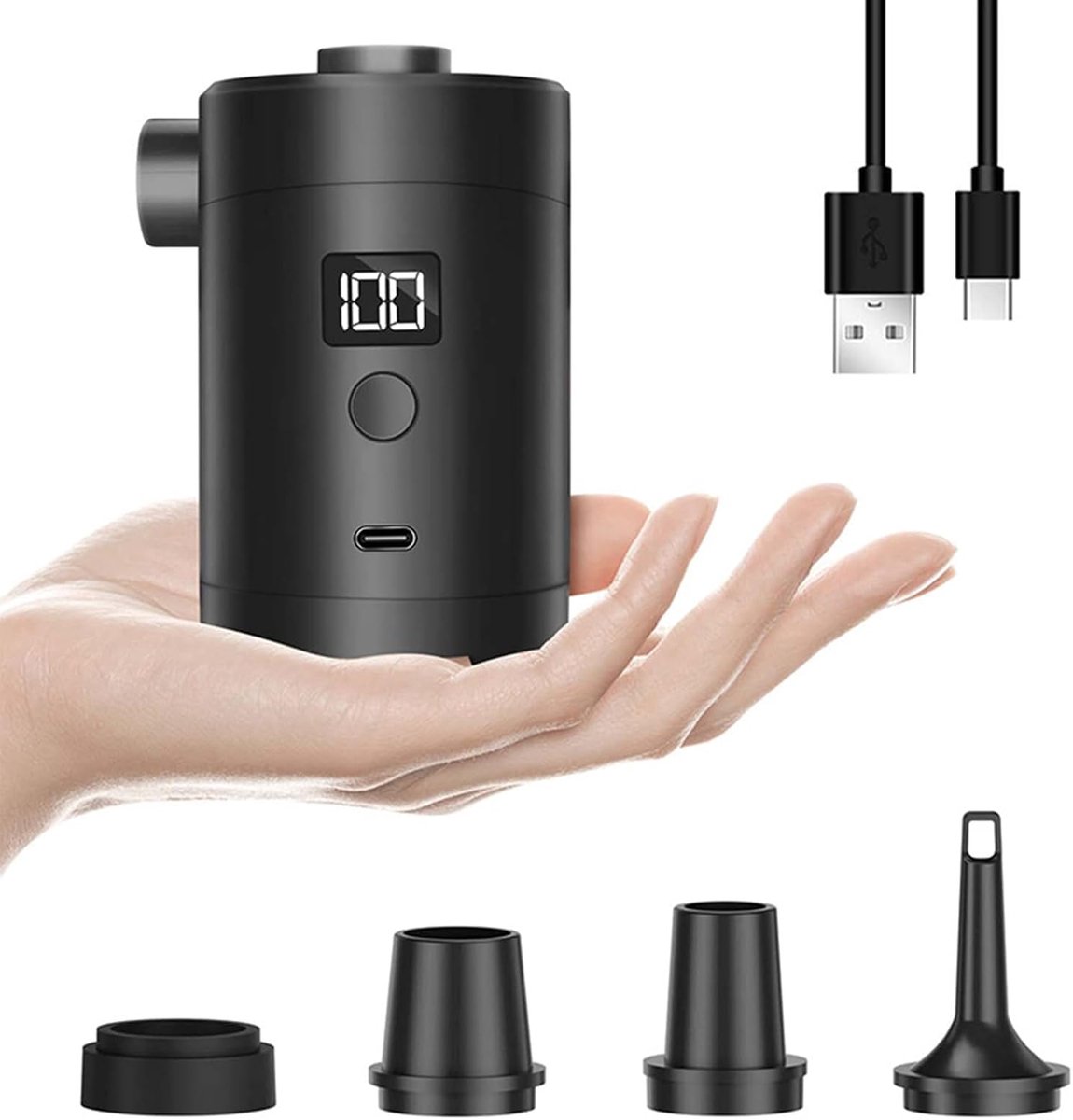 Oplaadbare luchtpomp, USB-oplaadbaar, 3600 mAh, 280 l/min, digitaal display, 4 sproeiers, draagbare elektrische - ShopVlot