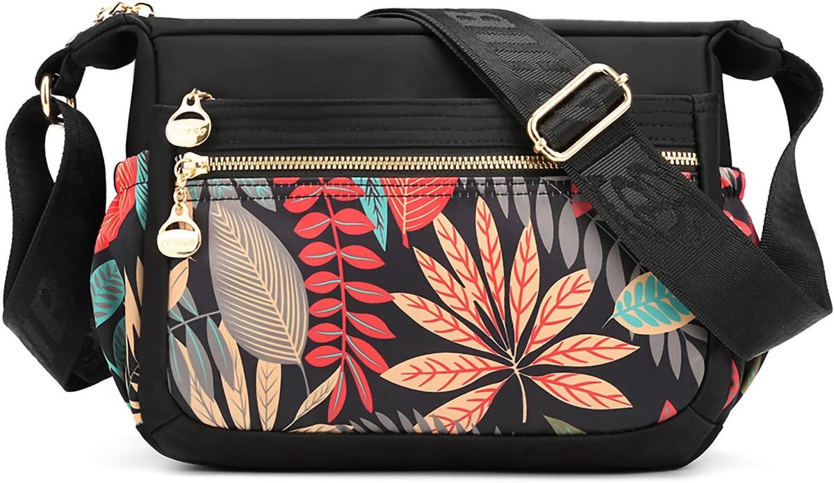 Shoulder Bag Ladies Large Colorful Crossbody Handbag Lightweight Nylon Messenger Bag Multiple Pockets, leaves, L - ShopVlot