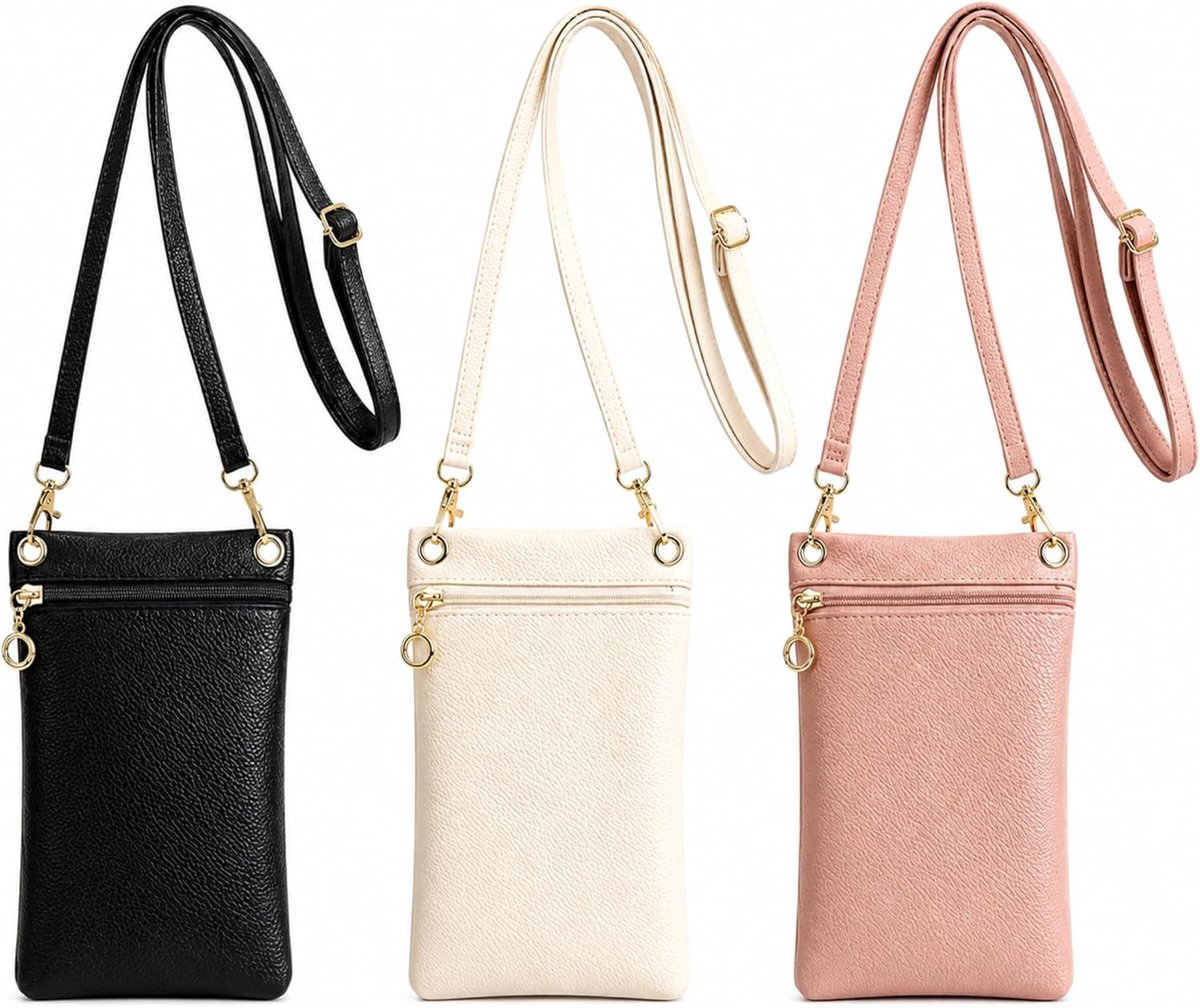 3 stuks mobiele telefoontas om te hangen voor dames, PU-leer, praktische telefoontas, met verstelbare schouderriem - ShopVlot