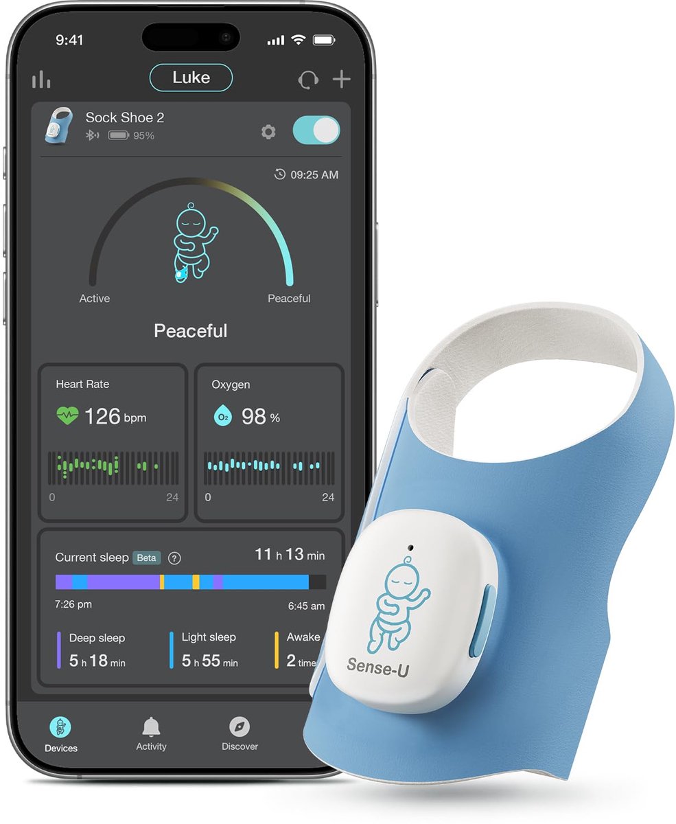 Sense-U Smart Sock Shoe 2 babyfoon - volgt hartslag en slaappatronen met doorlatende PPG-voetsensor, voor 1-12 maanden - ShopVlot