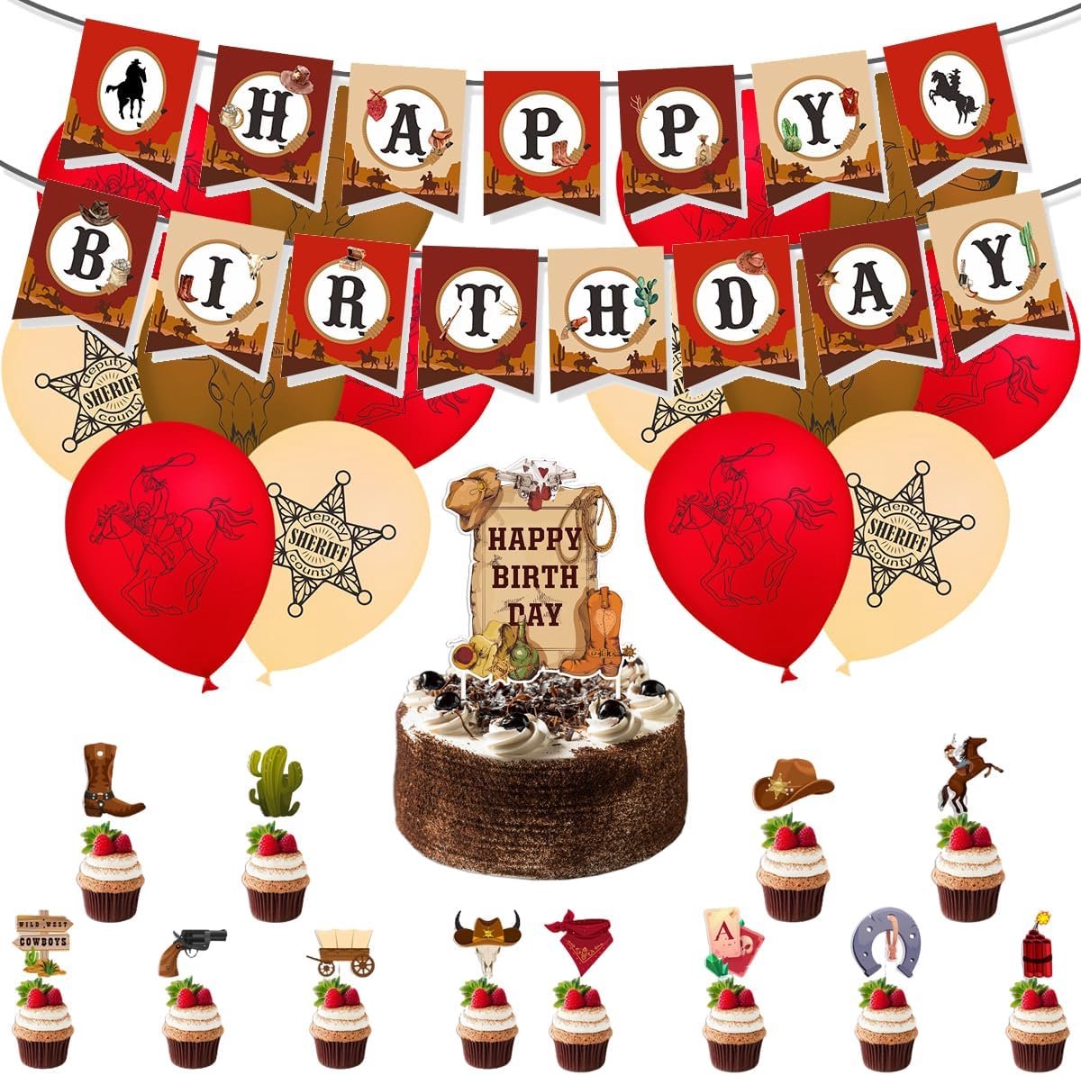 Western Cowboy Birthday Balloon Set for Boys, 28 Pieces, Western Party Decoration, Cowboy Cupcake Topper Birthday - ShopVlot