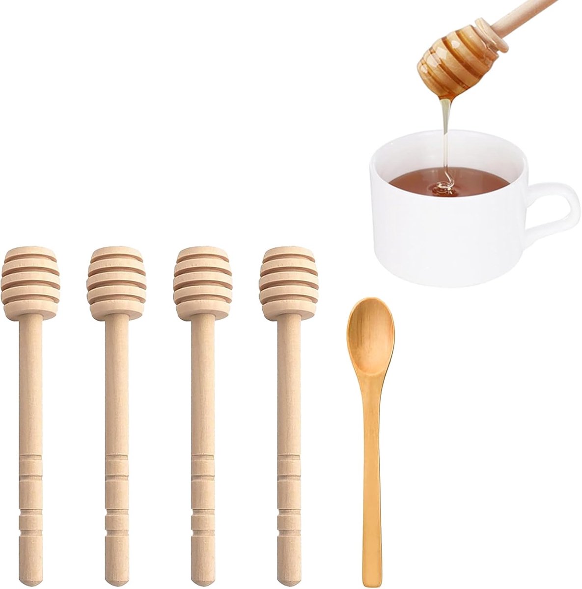 5 pieces natural wood honey spoon, wood honey spoon, 4 natural wood honey stirrers, 15 cm and 1 bamboo honey spoon, 12 - ShopVlot