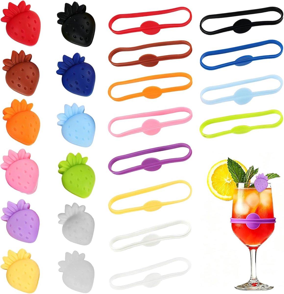 24 stuks merkglas, omkeerbaar, van gekleurde siliconen, siliconen, drinkglas, wijnglas, marker, glasmarker, feest - ShopVlot
