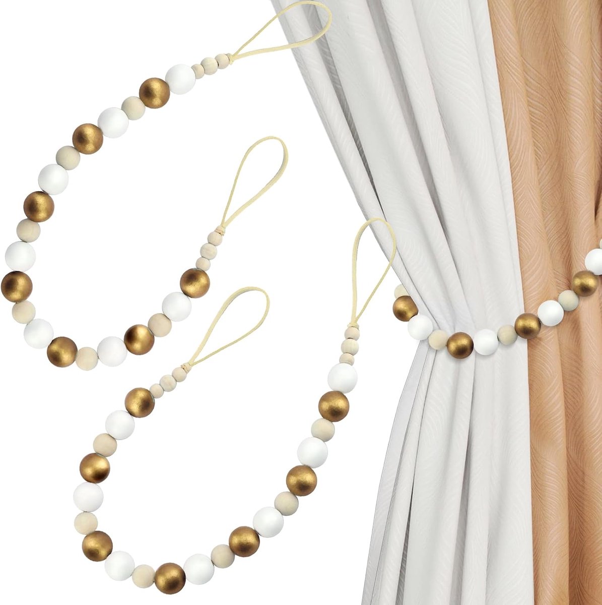 Poeland 2 Pcs Wooden Bead Curtain Ties Boho Curtain Holder with Hooks Curtain Tie Backs for Bedroom Kids Room Dining - ShopVlot