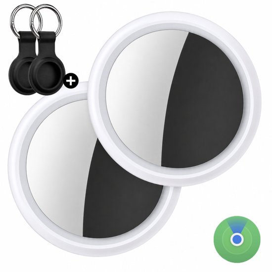 Twee witte trackers met zwart-witte voorkant en twee zwarte sleutelhangers. Een Apple Zoek-icoon is zichtbaar.