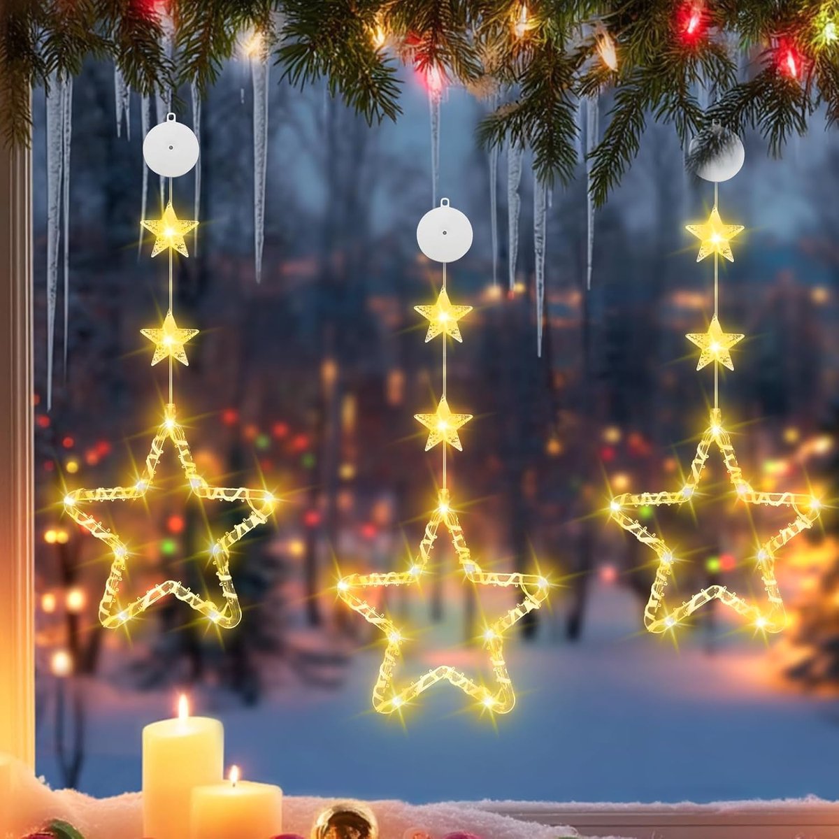 3 Pieces Poinsettia Window Lights, 8 Modes Warm White Christmas Decoration Window Light, Pendant Lights with Timer - ShopVlot