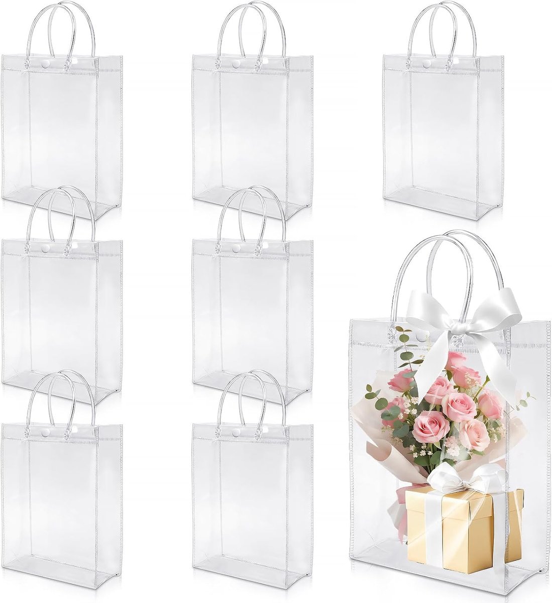 7 stuks transparante geschenkzakjes, transparant, 23 x 17 x 7 cm, met handvatten en strik - ShopVlot