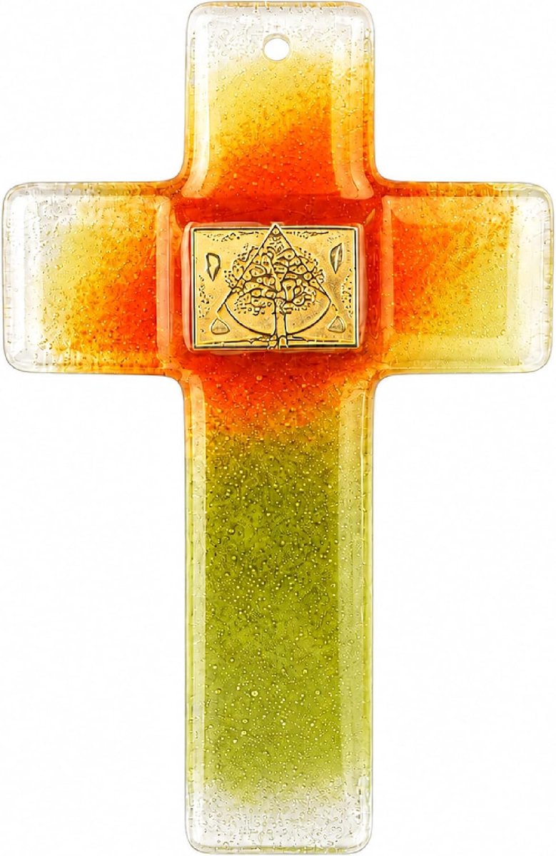 Lunexus Glazen kruis wandkruis 21 cm oranje geel goud met glitter kleurverloop - ShopVlot
