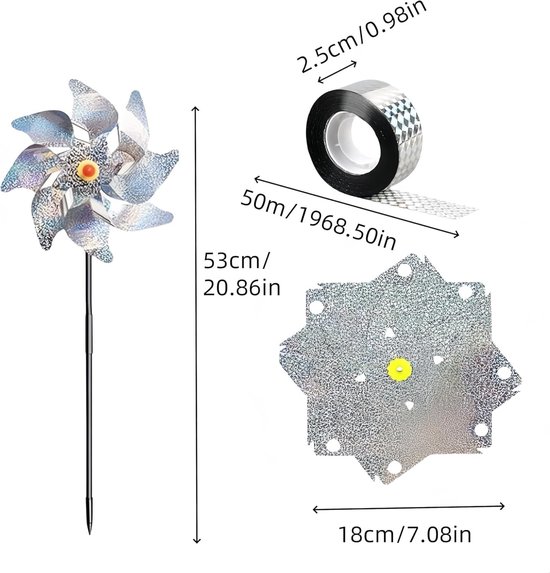 5-delige Tuin Decoratie Set, Vogelafschrikker en Duivenbeschermer, Reflecterende Windmolen voor Tuin, Balkon en Boerderij, Effectieve Oplossing tegen Pigeons en Vervelende Vogels — afbeelding 4