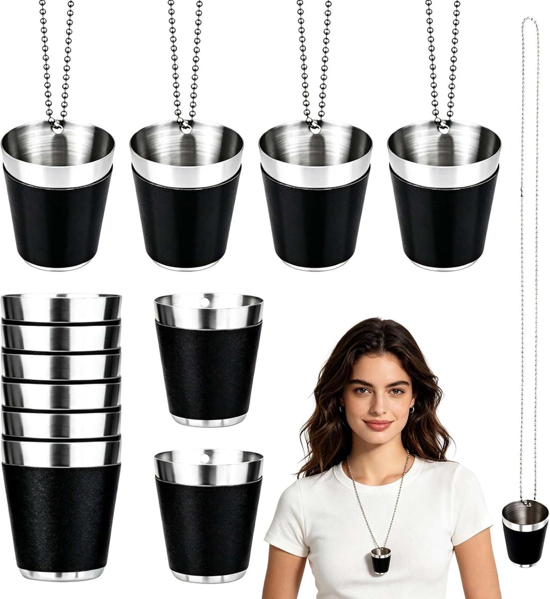Borrelglazen 30 ml - roestvrij staal 304 - handsfree ketting - ideaal voor vrijgezellenfeest - ShopVlot