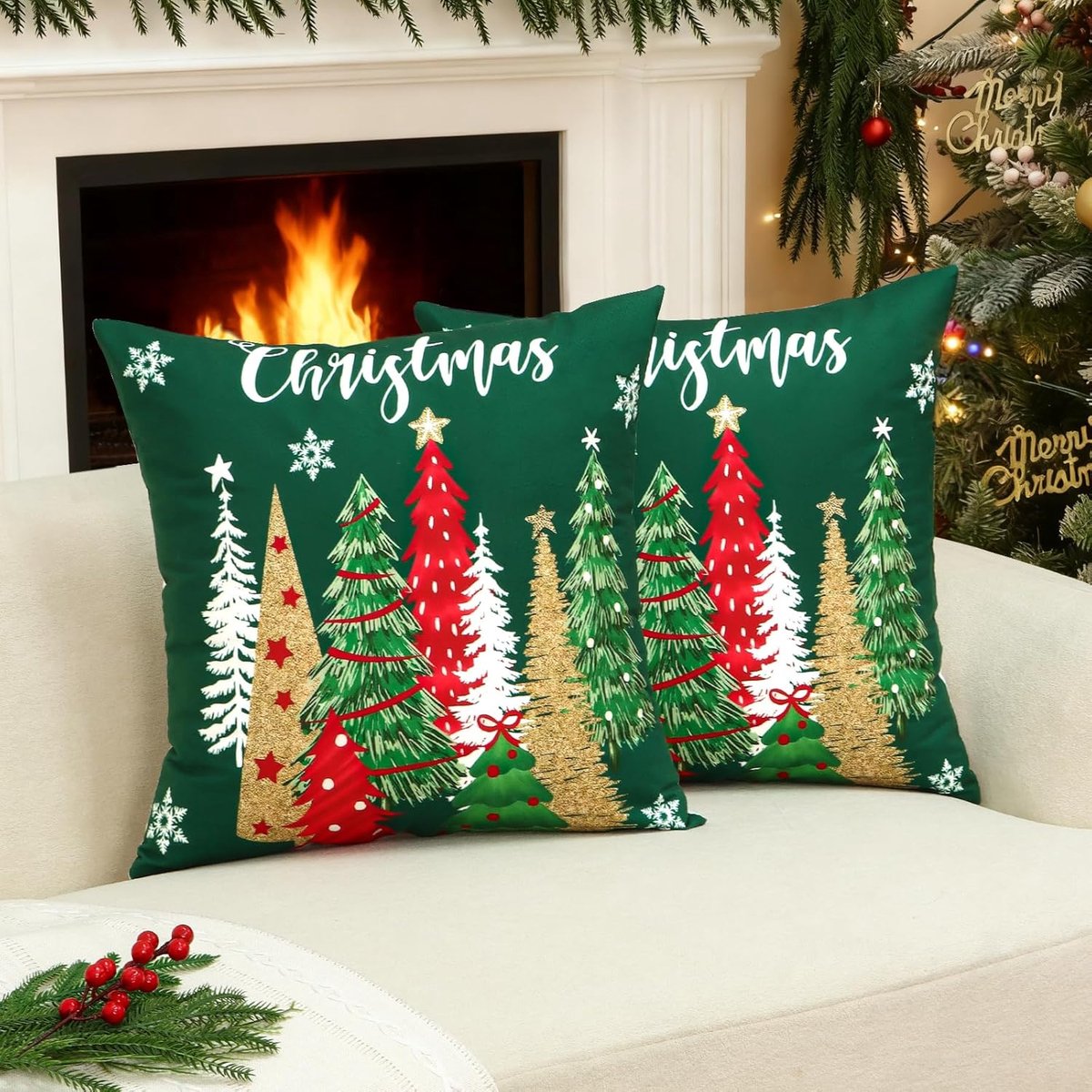 Kerst Kussenhoezen 45 x 45 cm - Katoen Linnen - Set van 2 - Voor een feestelijke woonkamer - ShopVlot