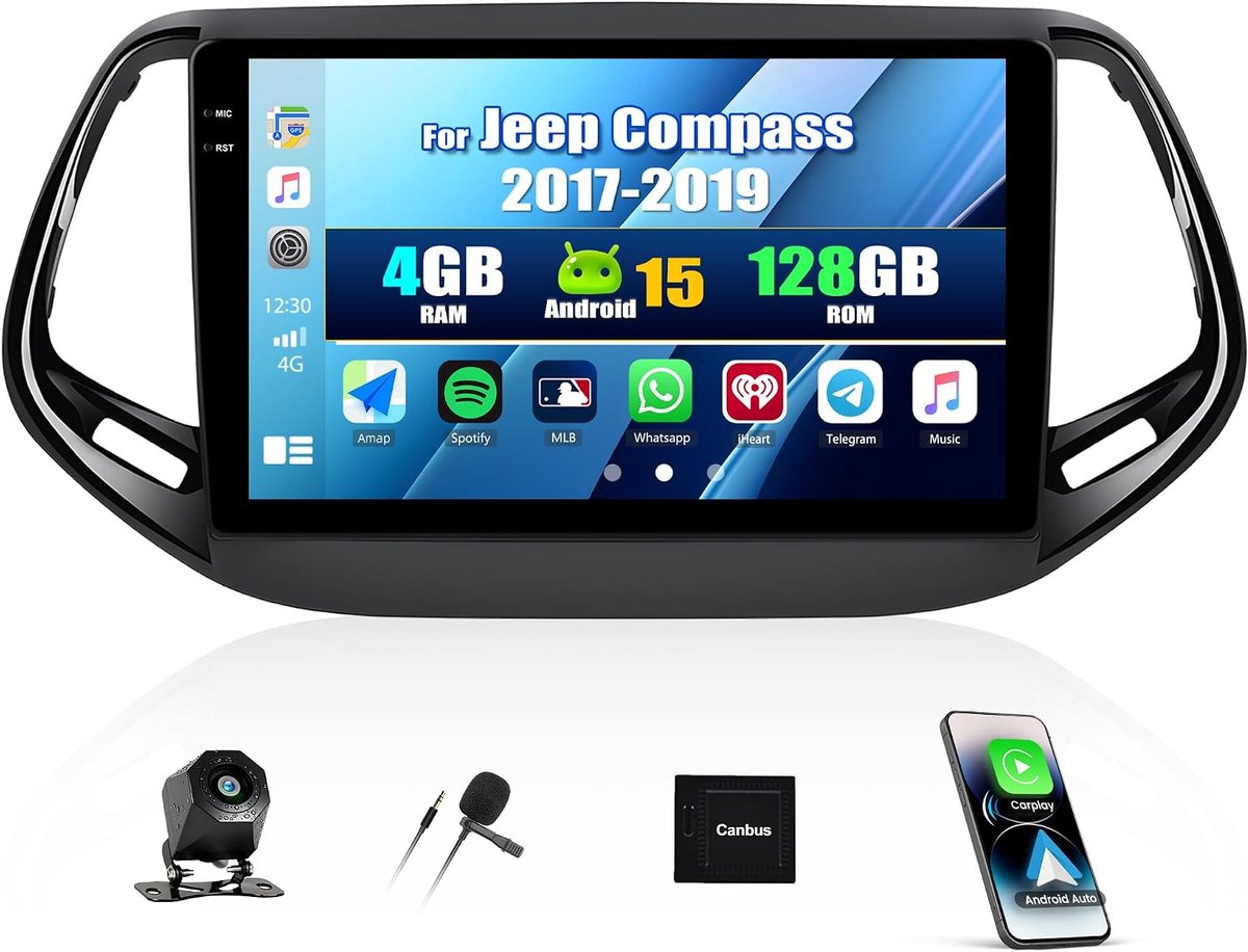 Auto radio 10 inch - Android 15 - 4+128G - Draadloze CarPlay/Android Auto - Perfect voor Jeep Compass 2017-2019 - ShopVlot