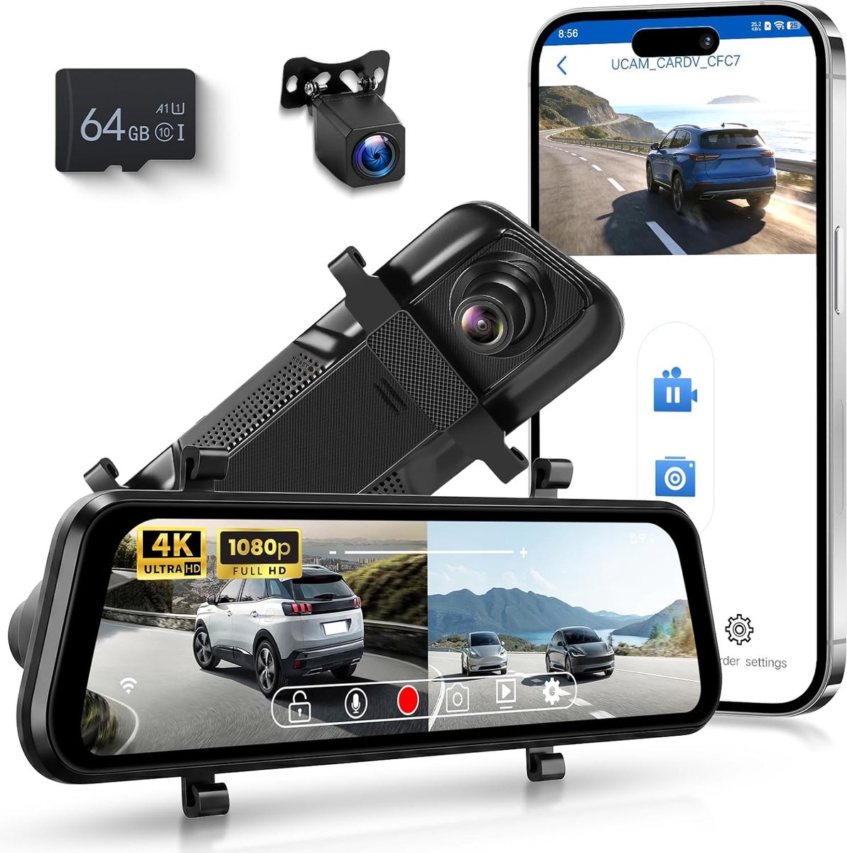 Dashcam 4K 9,66 inch touchscreen - hoge resolutie - helder beeld - veilig autorijden - ShopVlot