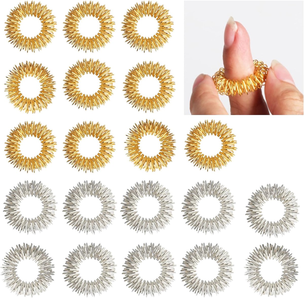 Finger massagers set van 14 - 10 ringen, 4 armbanden - goud, zilver - stressvermindering voor vingers en polsen - ShopVlot