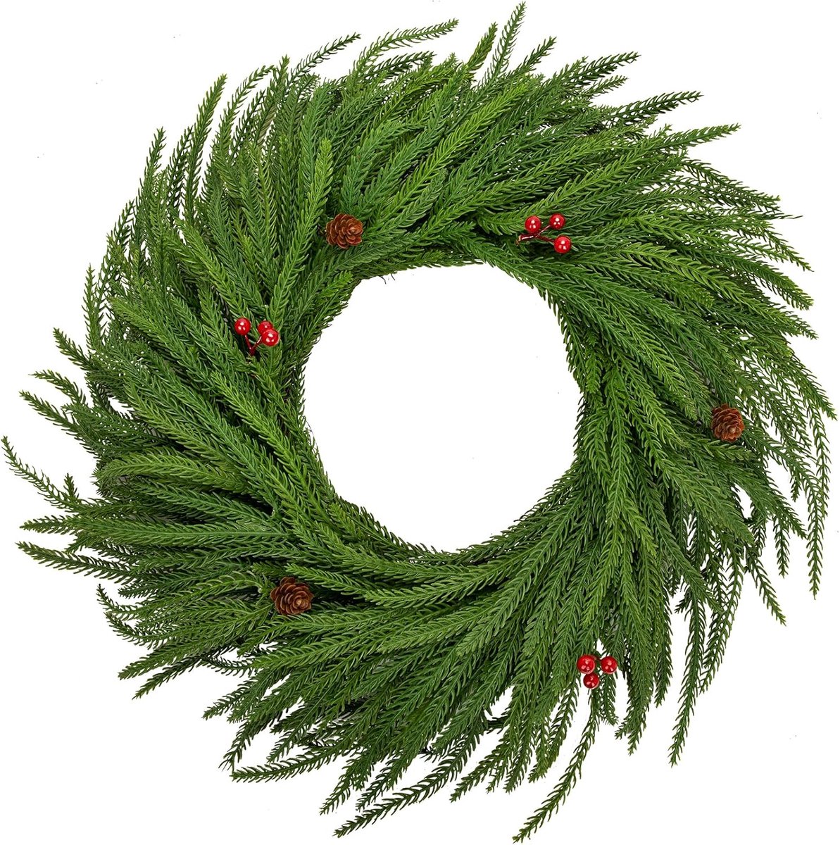 Kerstkrans 16" - kunstmatig - met dennenappels en rode bessen - voor binnenversiering - ShopVlot