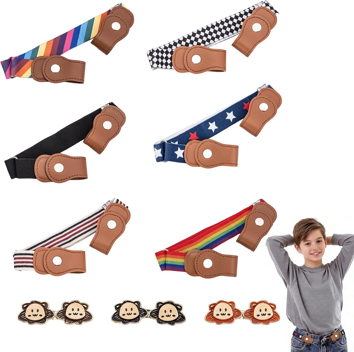 Kinderriem set van 6 elastische banden - verstelbaar 35-51 cm - 3 tailleknopen - ideaal voor school en sport - ShopVlot
