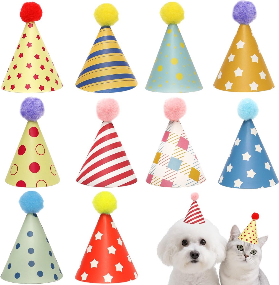 Feestmutsen voor katten en honden - 10-pack - diverse kleuren/patronen - met verstelbaar koordje voor verjaardagsfeest - ShopVlot