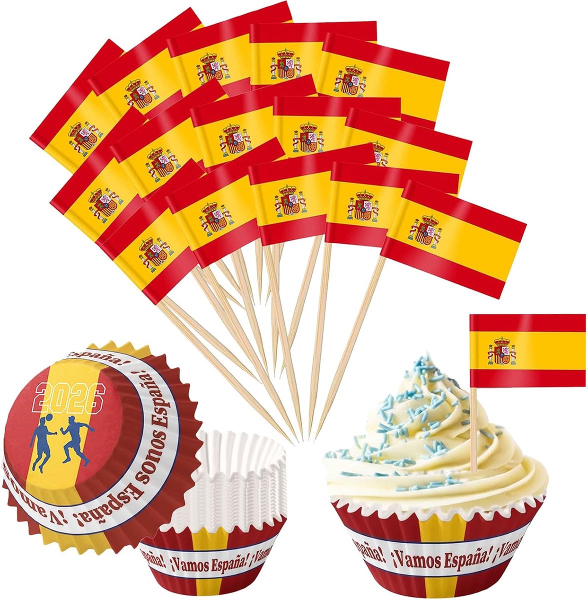Cupcake decoratie set - 200 mini Spaanse vlaggen - cake cups - perfect voor de 2026 Wereldkampioenschap - ShopVlot