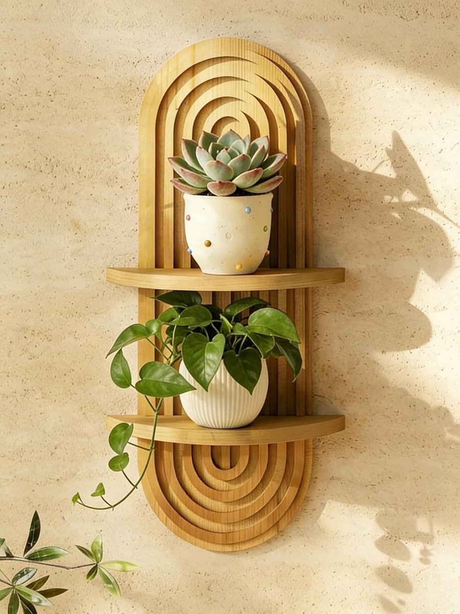 Boho Wanddecoratie met Planten - Twee-laags Houten Plank voor Moderne Interieurs, Perfect voor Woonkamer, Slaapkamer en Badkamer Decoratie