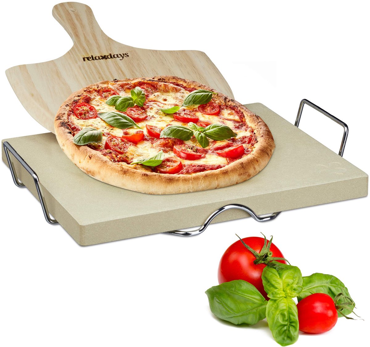 Pizzasteen Set met Metalen Houder en Houten Pizzaschep - Rechthoekige Baksteen voor Oven en Grill - Inclusief Pizza Schep voor Makkelijk Oppakken en Serveren - Hittebestendige Bakaccessoire voor Zelfgemaakte Pizza's - 43 x 31,5 cm - Natuurlijke Kleur