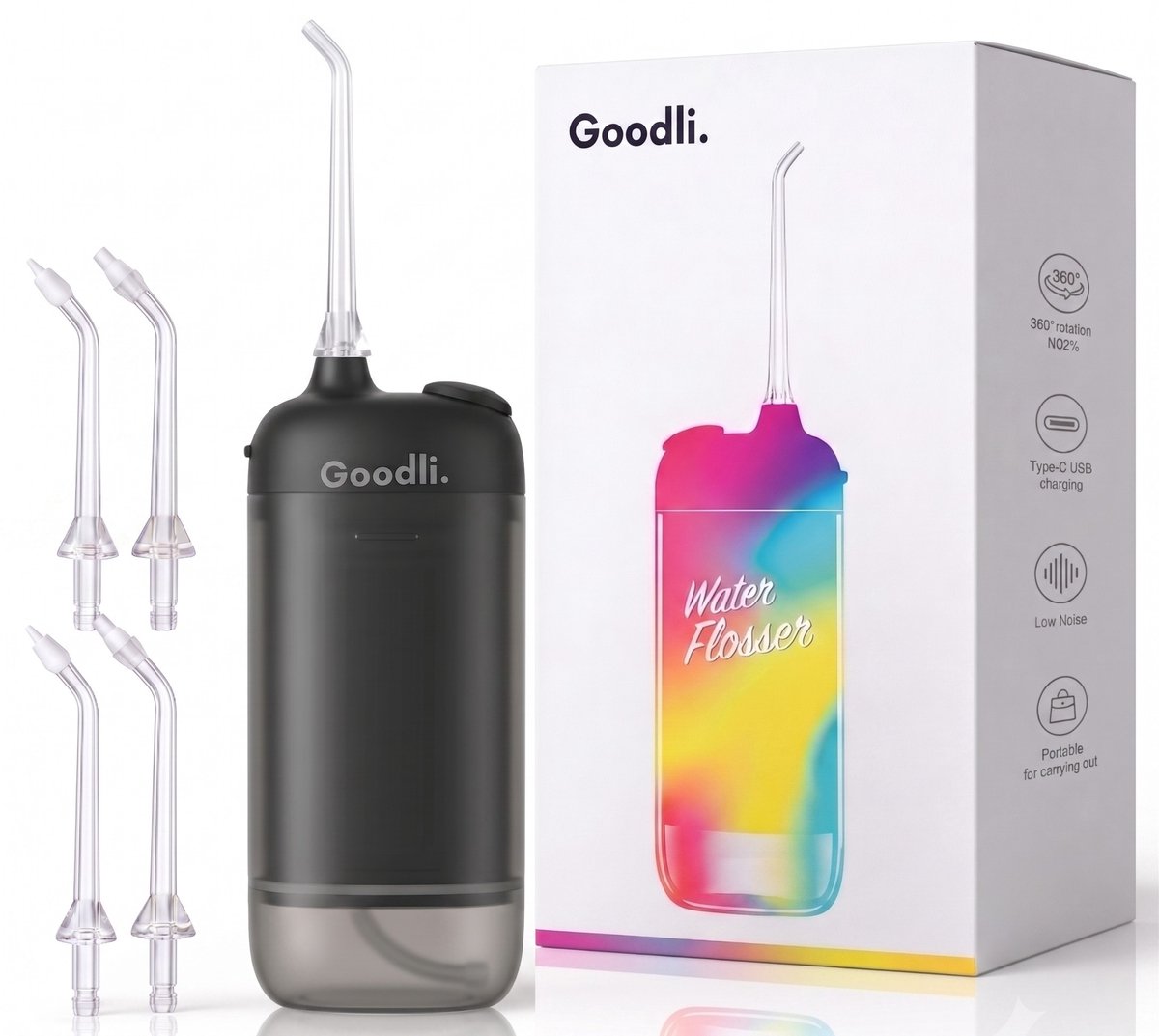 Goodli Elektrische Waterflosser Draadloos - Zwart - Monddouche met 4 Standen en 4 Opzetstukken - IPX8