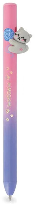 Stylo rose et violet avec un chat, une pelote de laine et des empreintes de pattes.