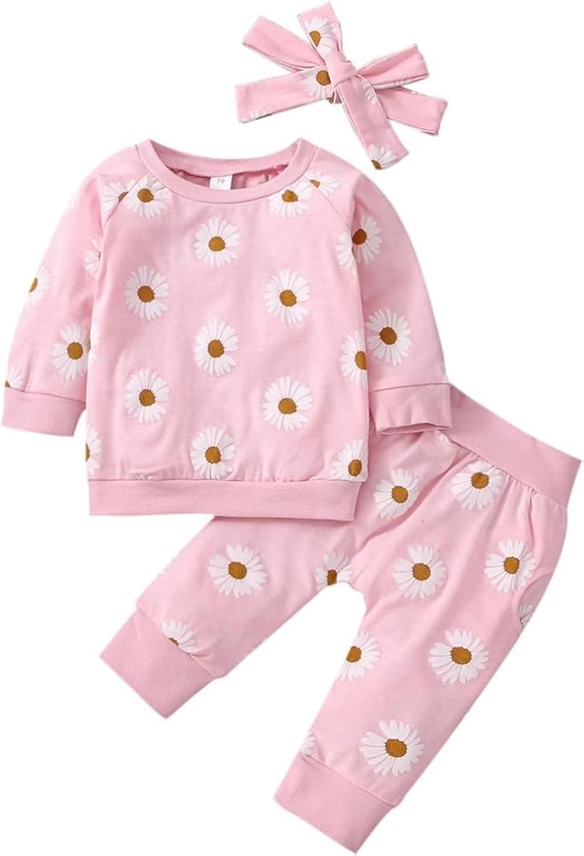 Baby meisjes kleding langarm 12-18 maanden - roze - Daisy bloem ontwerp - schattige outfit met hoofdband - ShopVlot