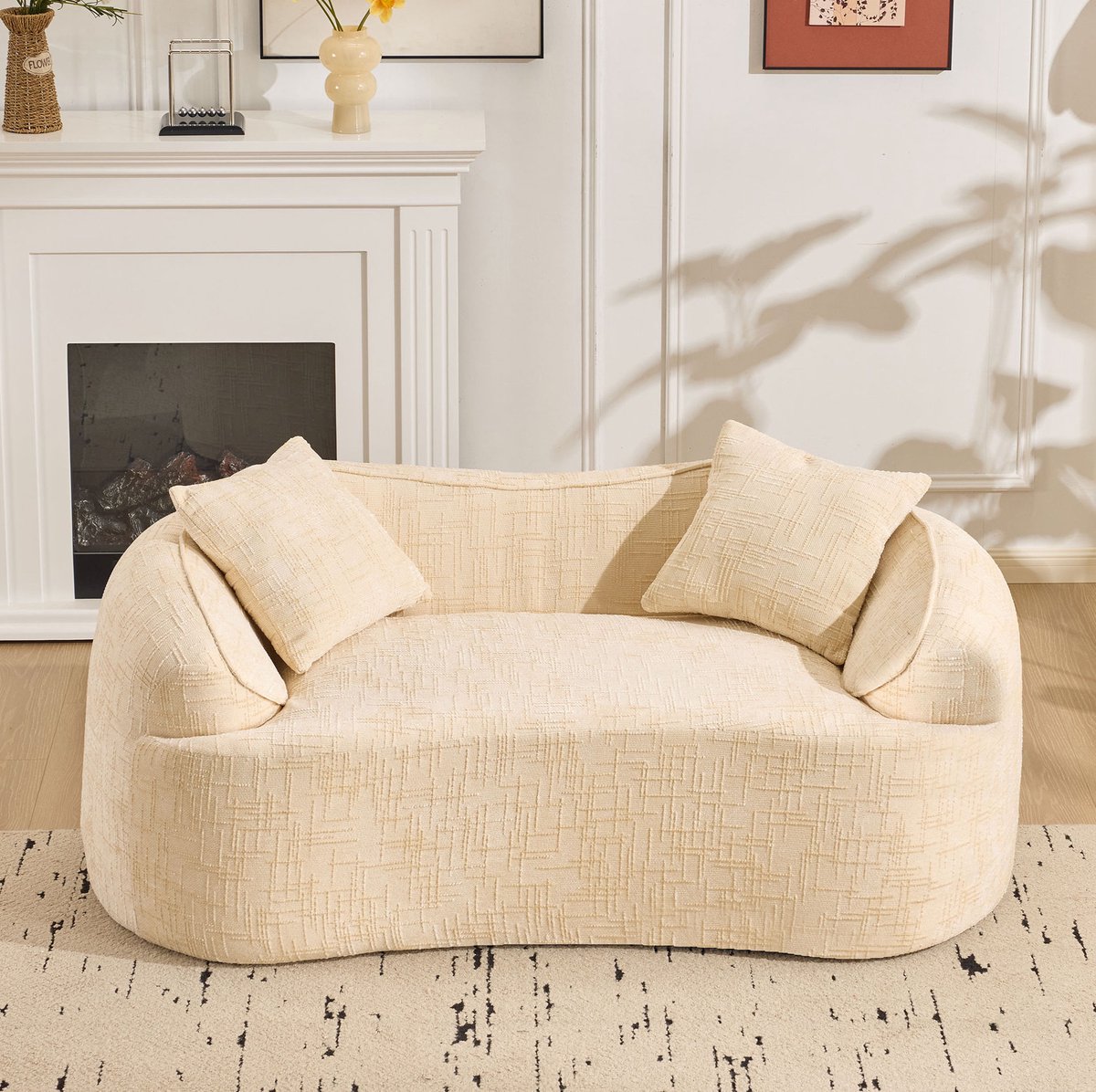 DESMIU Zitbank - 2-Zits - Gebogen Design Met Armleuningen En 2 Kussens - Voor Woonkamer, Slaapkamer En Kantoor - Stof - Beige