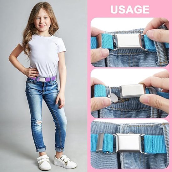 Meisje in witte t-shirt en jeans met paarse riem met magnetische gesp.