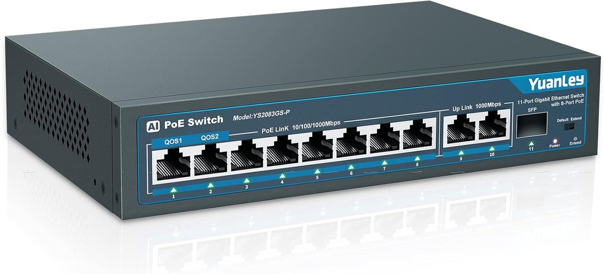 Gigabit PoE Switch 11 Poorten - 8 PoE+ 1000Mbps - 2 Uplink + 1 SFP - Eenvoudige installatie en slimme detectie - ShopVlot