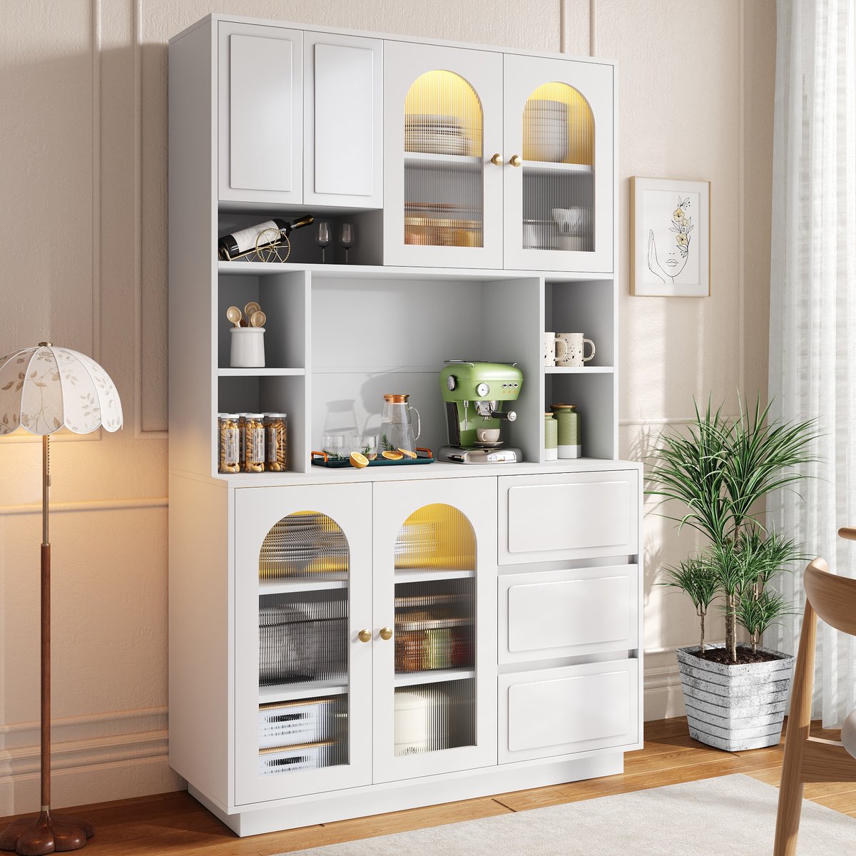 DESMIU Buffetkast - Hoge Opbergkast Met LED En Verstelbare Planken - Voor Keuken En Woonkamer - MDF - Wit - 106x30x175 Cm