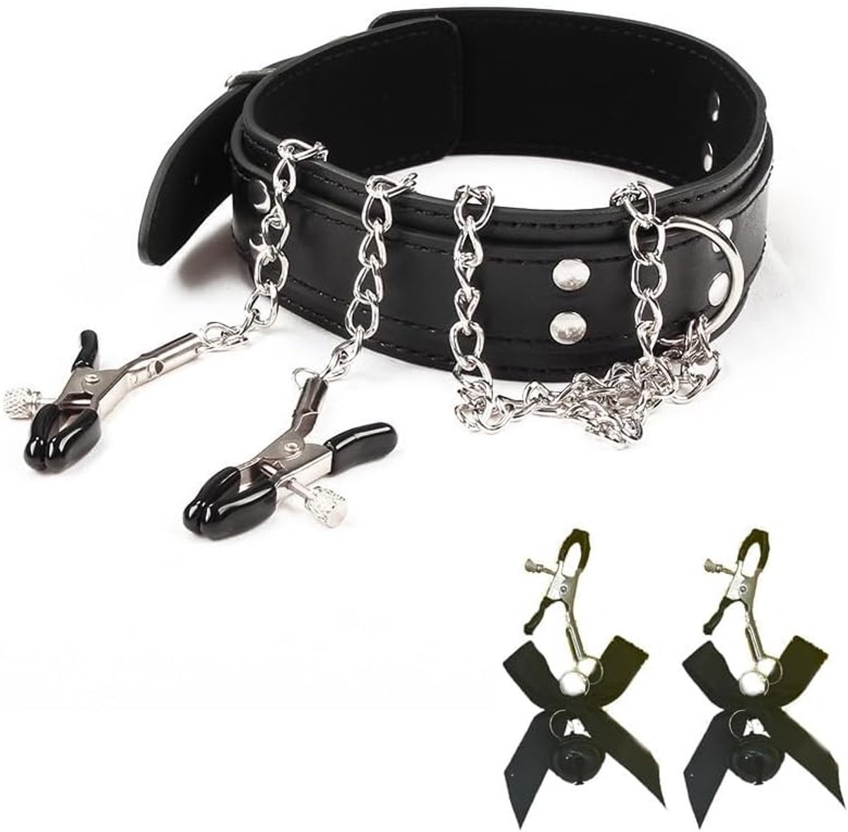 lederen halsband dames - met ketten en nippelklemmen - BDSM stijl - voor intieme momenten - ShopVlot