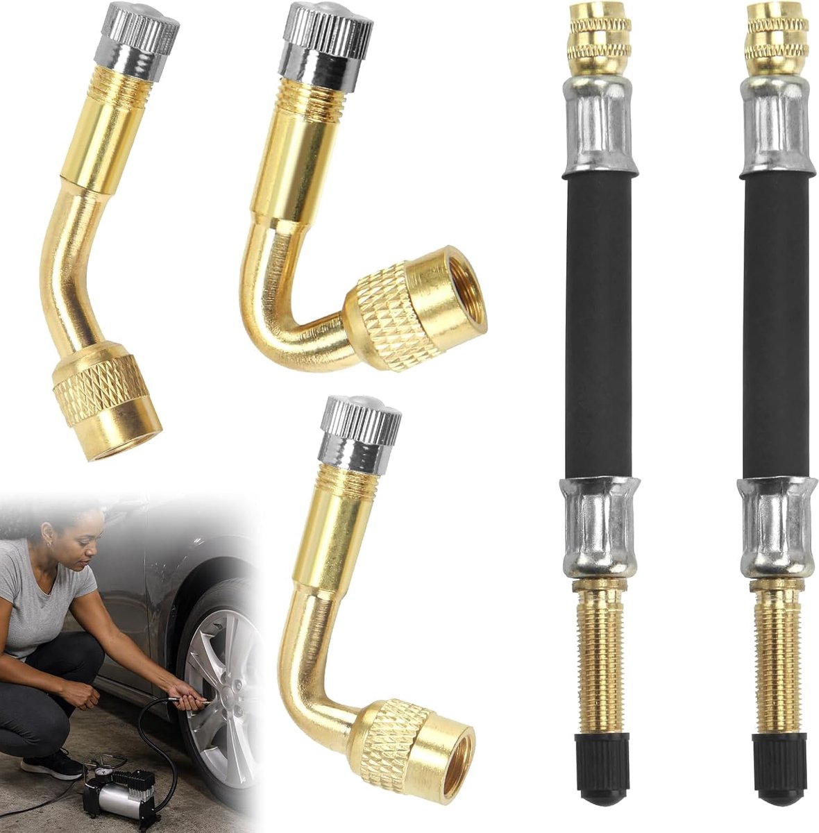 3-delige ventielband verlenging - messing adapters - 45°, 90° en 135° - compleet voor bandenoppompen - ShopVlot