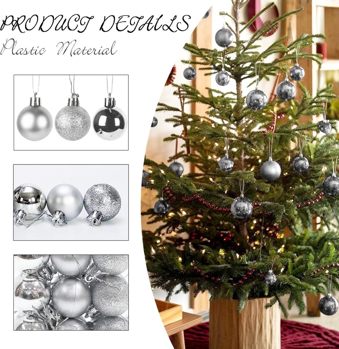 Kerstboomversiering met 24 zilveren kunststof kerstballen, glittereffect, diameter 3 cm, perfect voor feestdagen