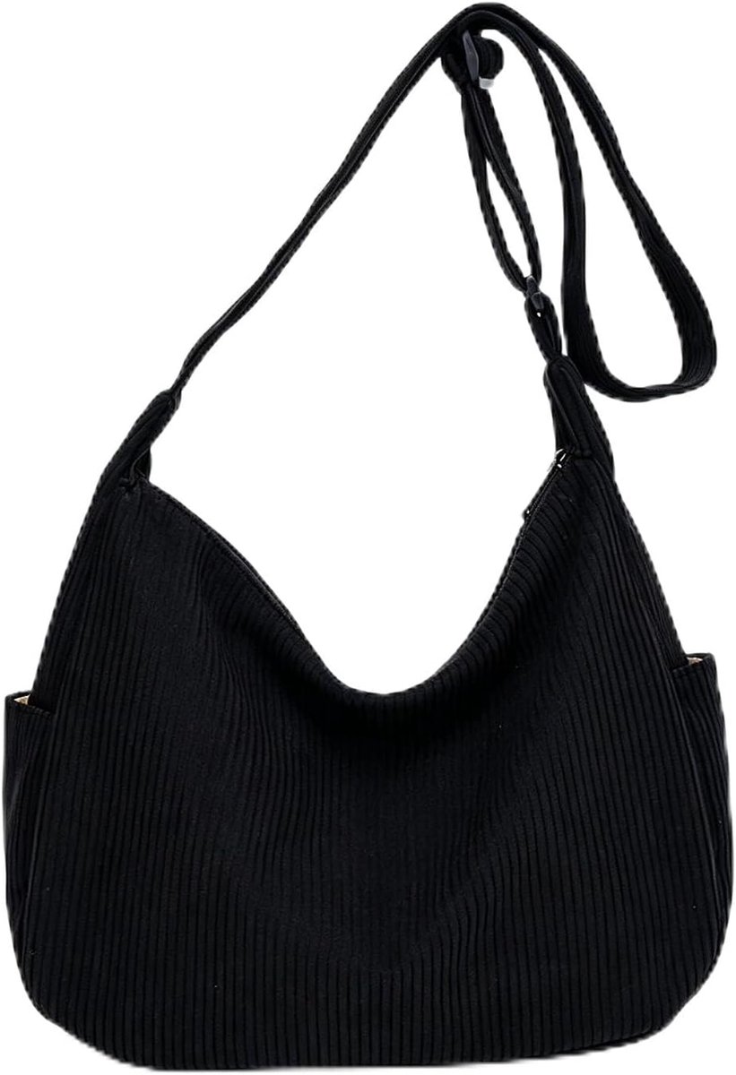 Crossbody tas dames zwart - corduroy - verstelbare schouderriem - ideaal voor winkelen - ShopVlot
