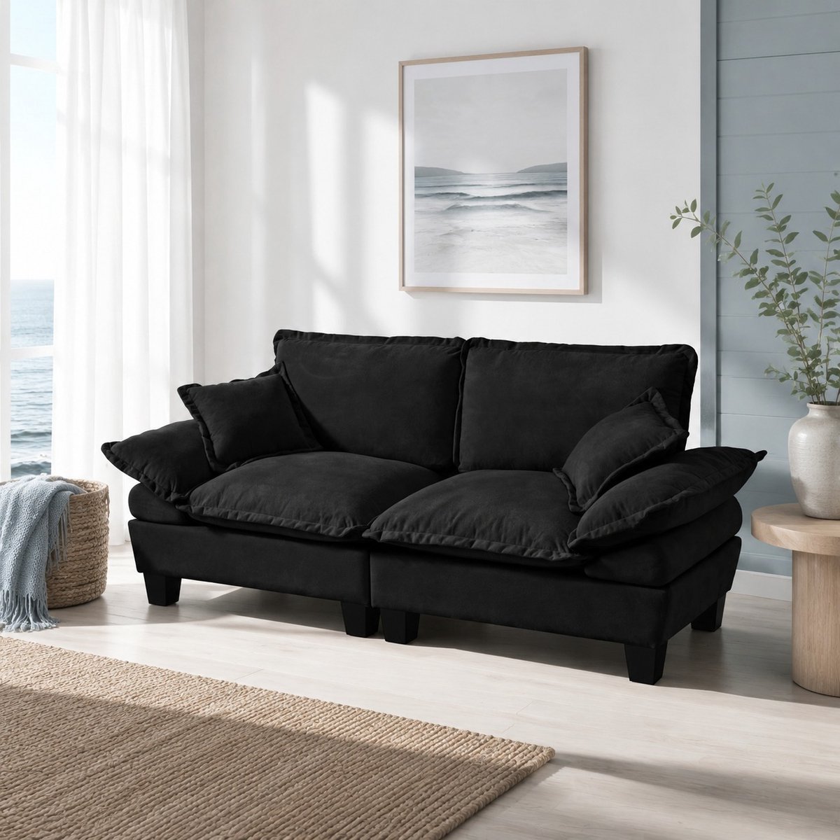 DESMIU Bank 2-Zits - Modulaire Loveseat Met Golvende Armleuningen - Voor Woonkamer En Appartement - Chenille - Zwart