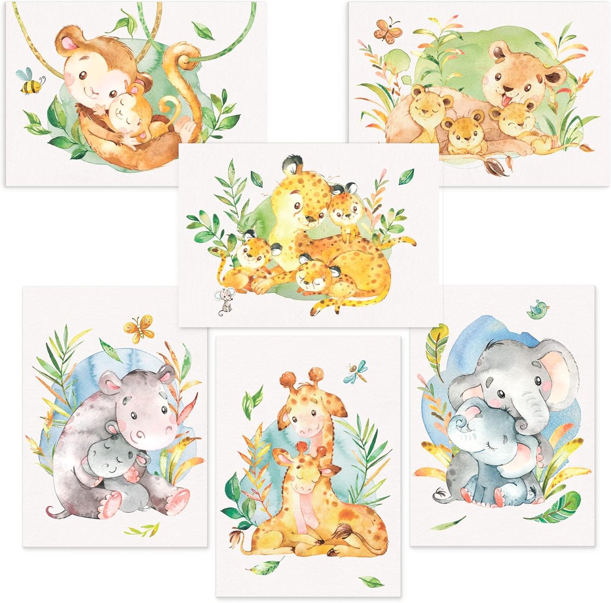 Posterset muurdecoratie babykamer - 6 schattige dieren - olifant, leeuw, giraffe - ideale babykamer versiering - ShopVlot