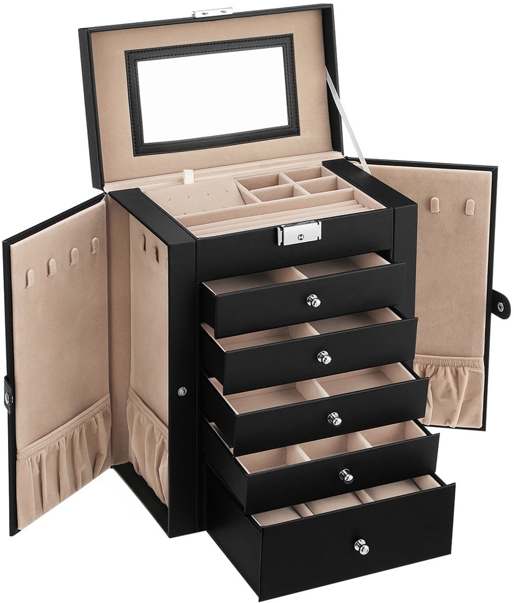 Conway Living® Sieradendoos 6 Lagen - Grote Sieradendoos met 5 Lades, Spiegel en Slot - Horloge & Zonnebril Opbergruimte - 26x15,5x32 cm - Zwart