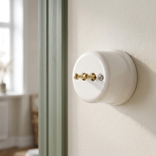 Surface mounted porcelain Retro Toggle Brass double switch, All-in-One, series QR1 white - ShopVlot — afbeelding 2