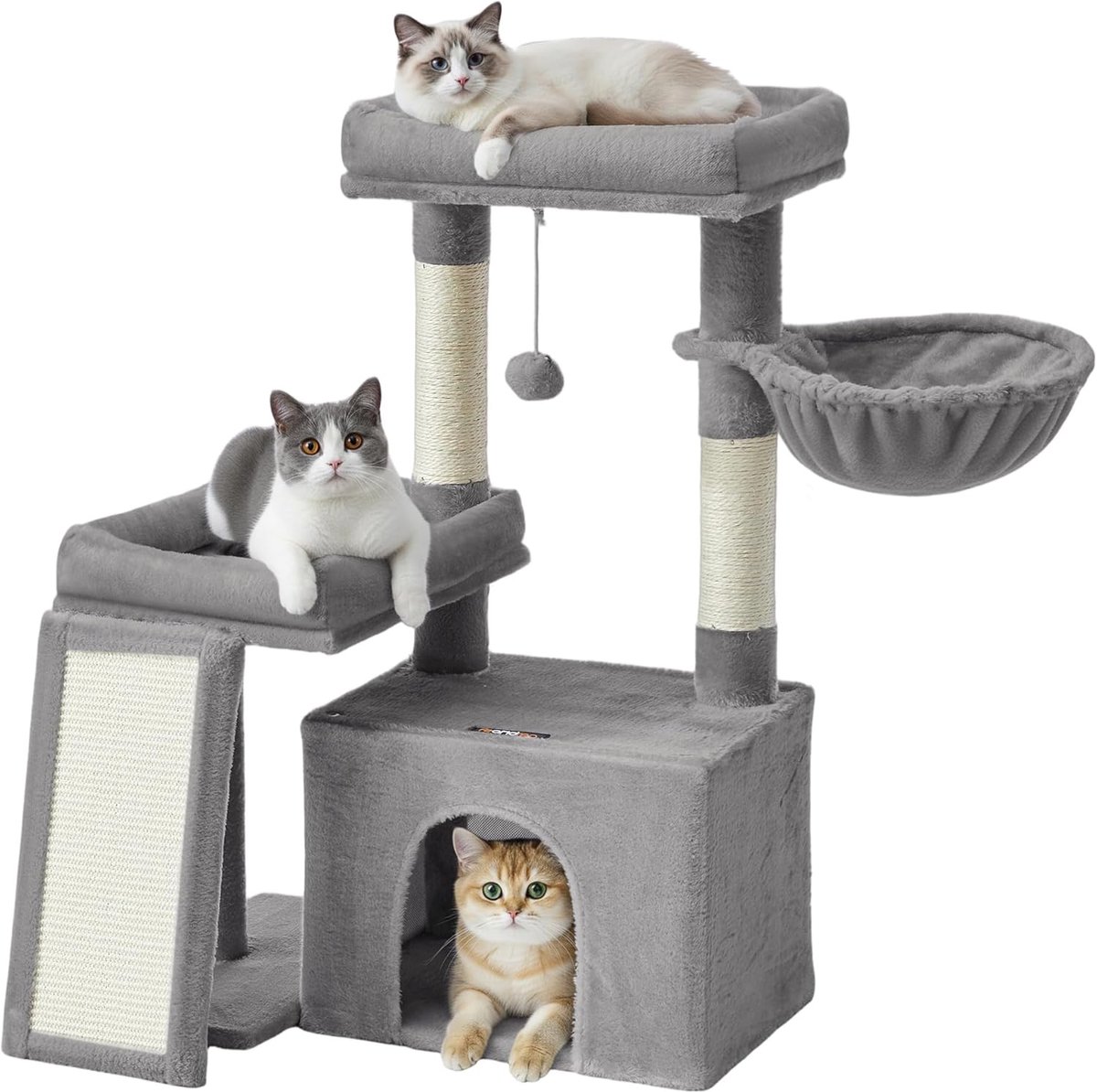 Conway Living® Krabpaal met 2 Ligmandjes en Huisje - Kattentoren met Krabpalen en Trap - Voor Kleine tot Middelgrote Katten - 60x40x86 cm - Duifgrijs