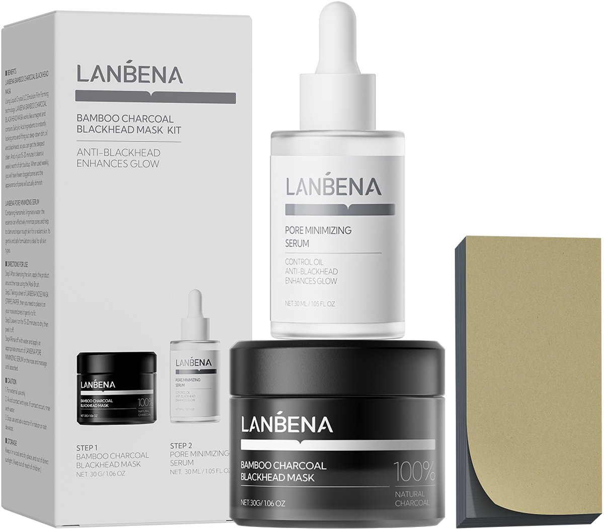 LANBENA Mee-Eter Remover Set – Bamboo Charcoal Blackhead Mask + Poriënverfijnend Serum + Neusstrips – Complete Huidverzorgingsset – 30 g + 30 ml + 60 strips