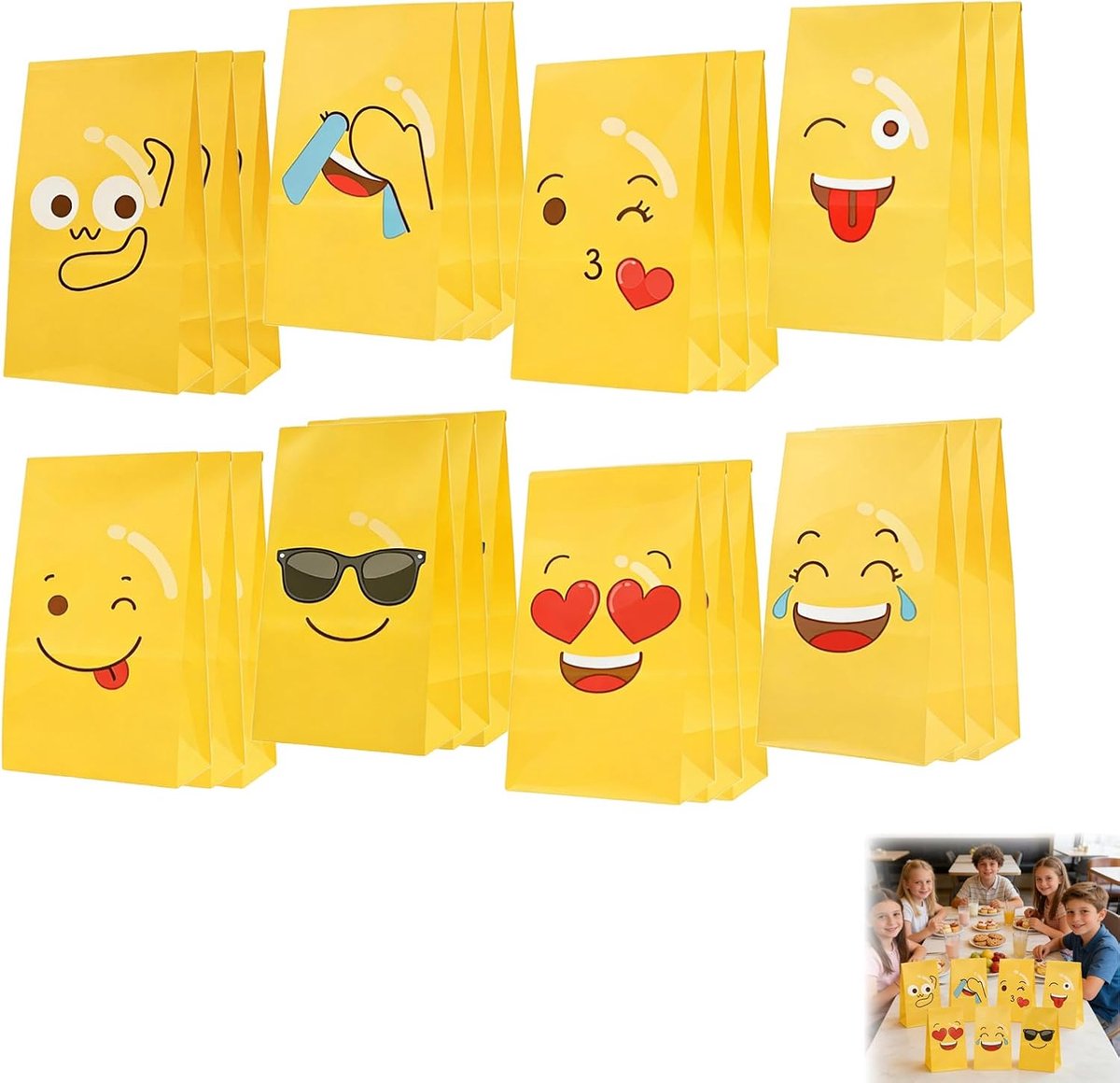 24 Emoji Cadeauzakjes Set (8 Kleuren x 3) - 210g Papieren Zakjes voor Kinderverjaardag, met Stickers - ShopVlot