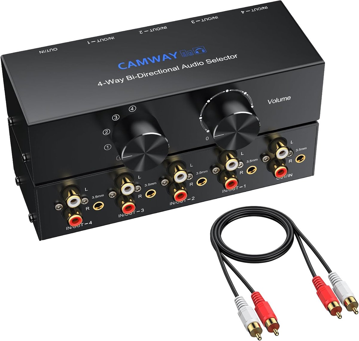CAMWAY Professional 3.5mm RCA Audio Switch - 1 x 4, 4 x 1 Two-Way Stereo Audio Switch Selection Button with Volume Off - ShopVlot