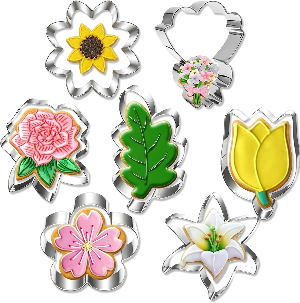 7 Pieces Floral Cookie Cutters, Silver Holiday Cookie Cutter for Spring and Holidays, Stainless Steel Cookie Cutters - ShopVlot