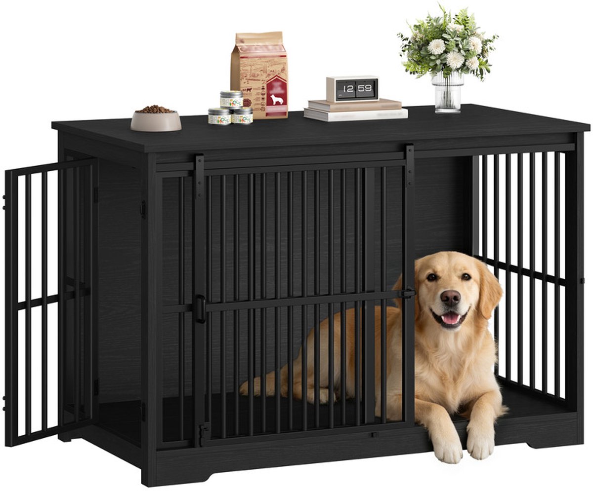 Hzuaneri 119 cm Hondenkooimeubel, Hondenbox, 2 Deuren, XXL Moderne Hondenkooi voor Binnen voor Middelgrote/Grote Honden, Bijzettafel, Versterkte Schuifdeur, 119 × 70 × 88 cm, Zwart