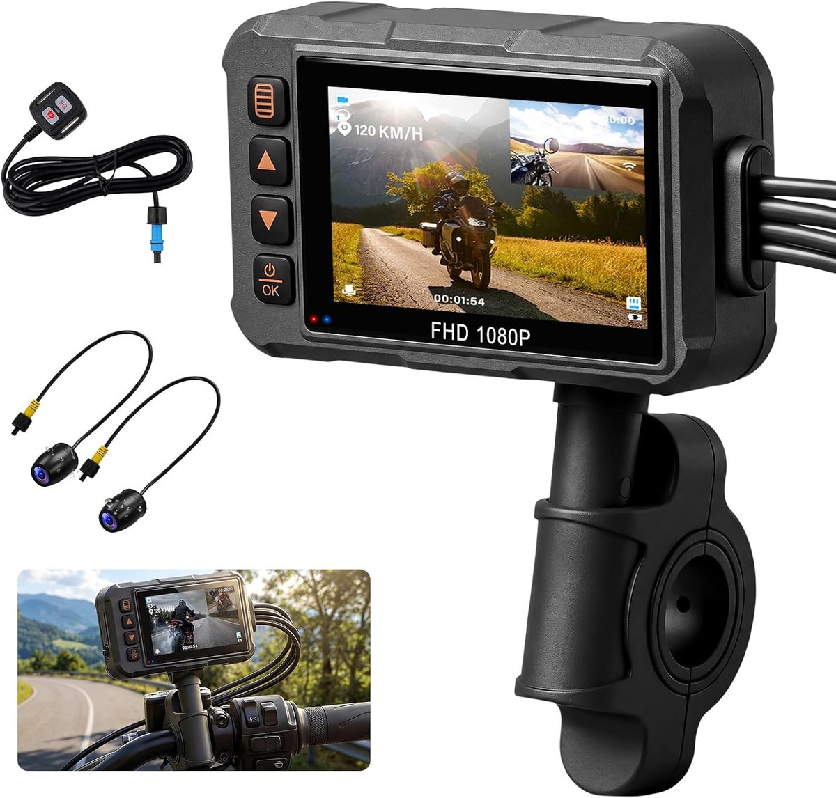 SIXTOP HDR Dashcam voor motorfiets, 3 inch, 1080p dual camera voor en achter, waterdicht, automatische loopopname met - ShopVlot